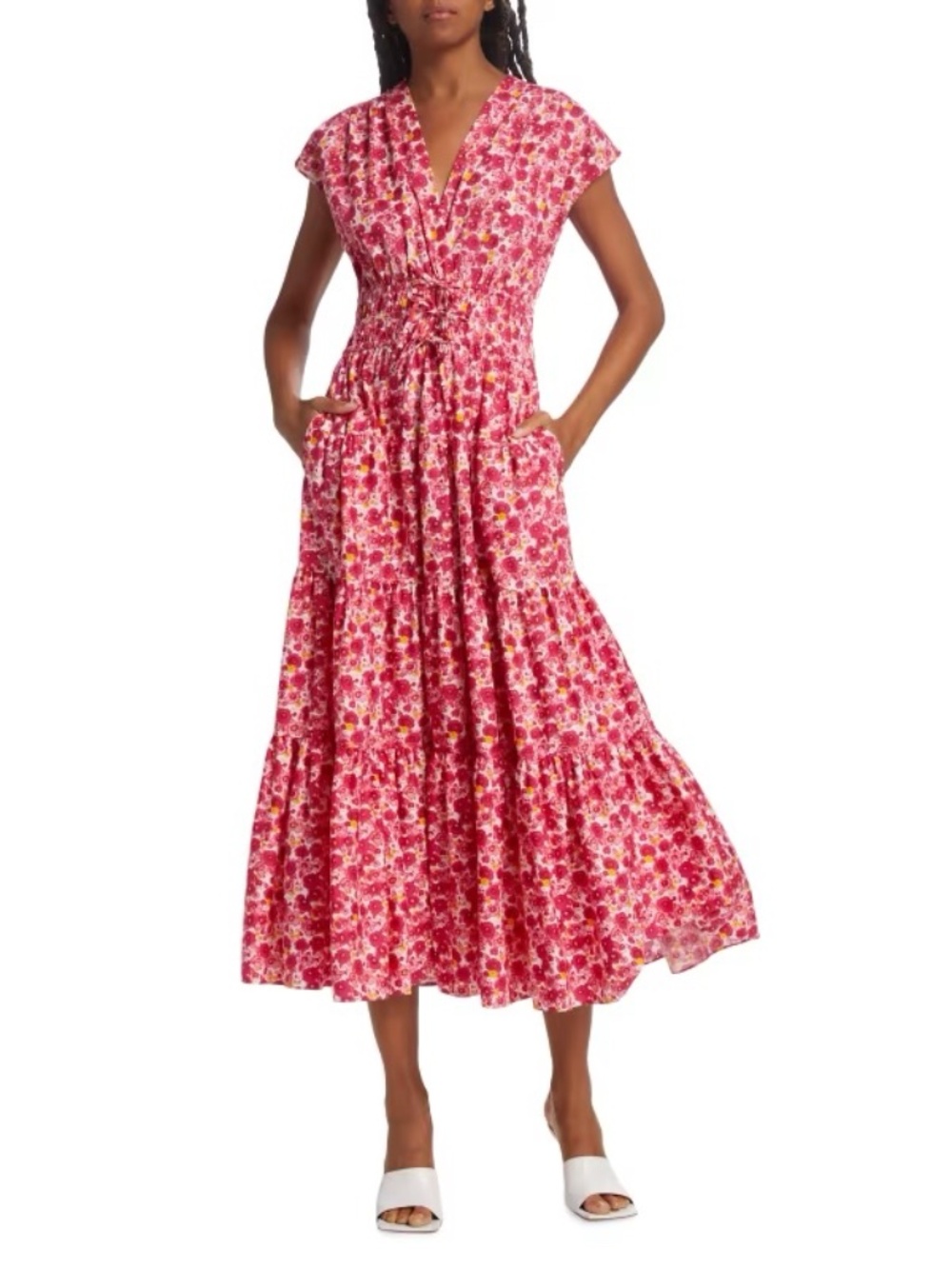 NEW! Derek Lam Fatima Floral Cotton Tiered Midi Dress Red Pink Floral Sz 2 $595
